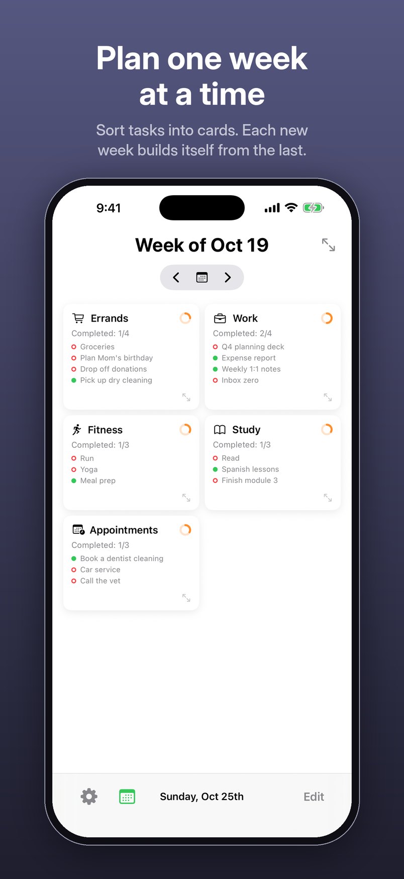 Tasquel on iPhone: the week of Oct 19 with Errands, Work, Fitness, Study and Appointments cards.