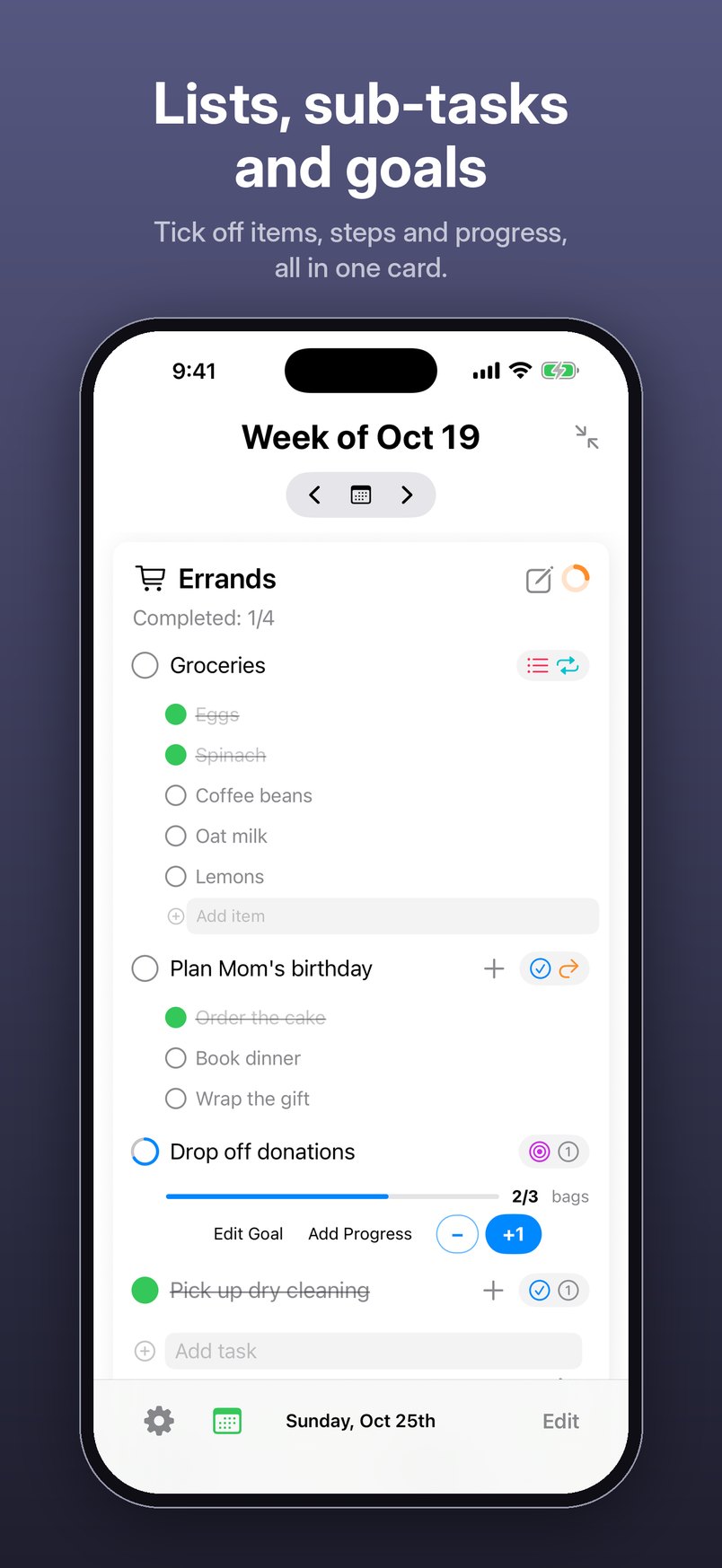 Lists, sub-tasks and goals. Tick off items, steps and progress, all in one card. iPhone screenshot: an open Errands card with a Groceries list, a goal at 2 of 3 bags and checked-off tasks.