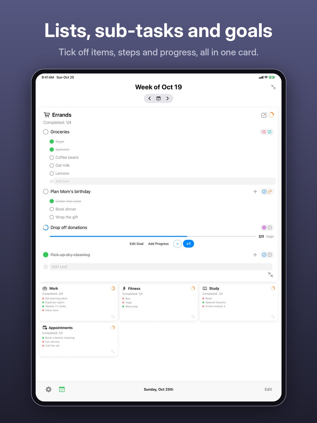 Lists, sub-tasks and goals. Tick off items, steps and progress, all in one card. iPad screenshot: an open Errands card with a Groceries list, a goal at 2 of 3 bags and checked-off tasks.