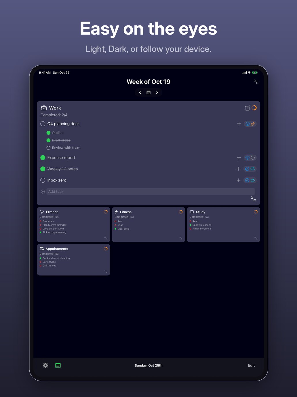 Easy on the eyes. Light, Dark, or follow your device. iPad screenshot: Tasquel in dark mode, with the Work card open.